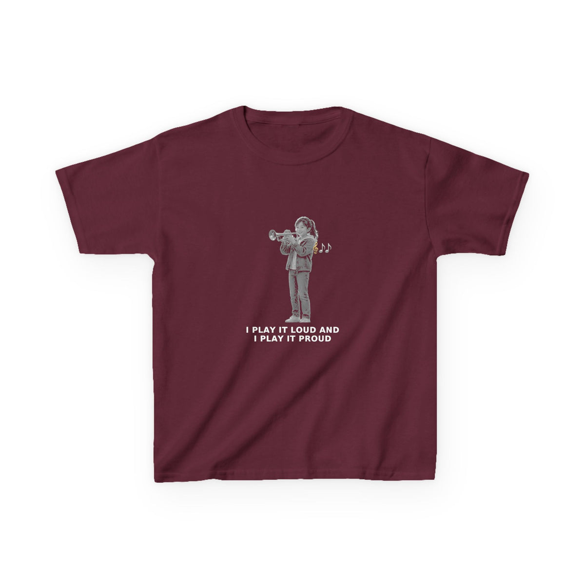 I Play It Loud and I Play It Proud — Asian Girl Trumpet Pre-Teen Musician Tee (White Ink) (Budget Edition) (Front Print)