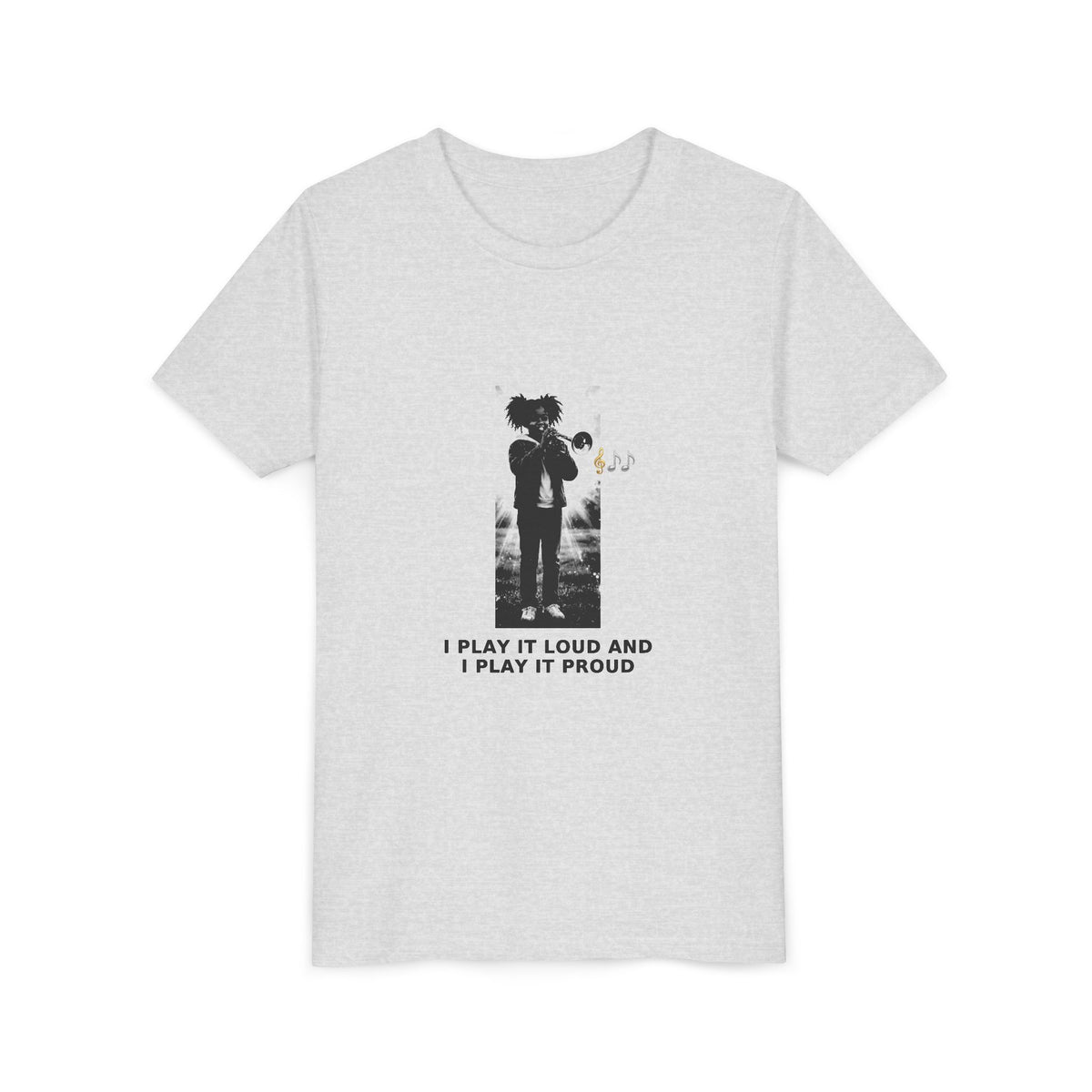 I Play It Loud and I Play It Proud — Black Girl Trumpet Pre-Teen Musician Tee (Black Ink) (Front Print)