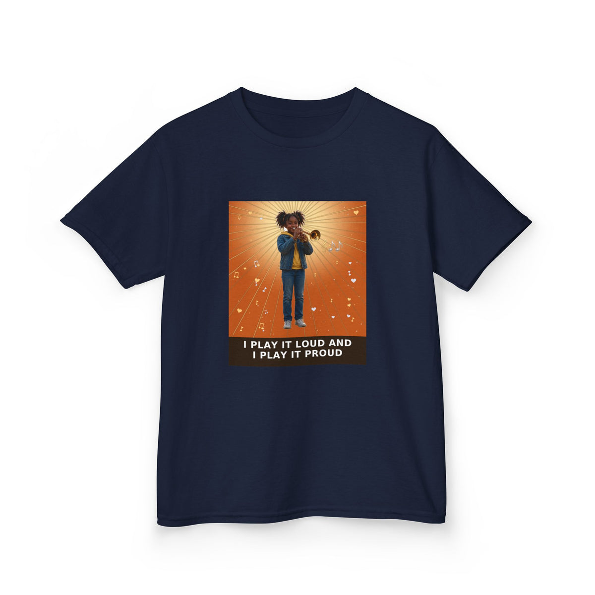 I Play It Loud and I Play It Proud — Black Girl Trumpet Pre-Teen Musician Tee (Sunset Orange) (Budget Edition) (Front Print)