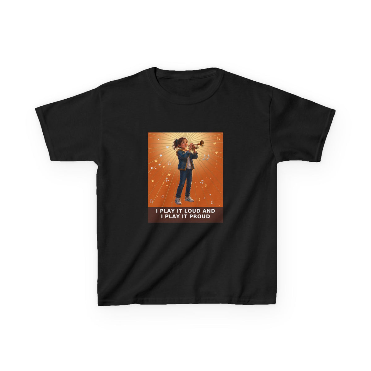 I Play It Loud and I Play It Proud — Girl Trumpet Pre-Teen Musician Tee (Sunset Orange) (Budget Edition) (Front Print)