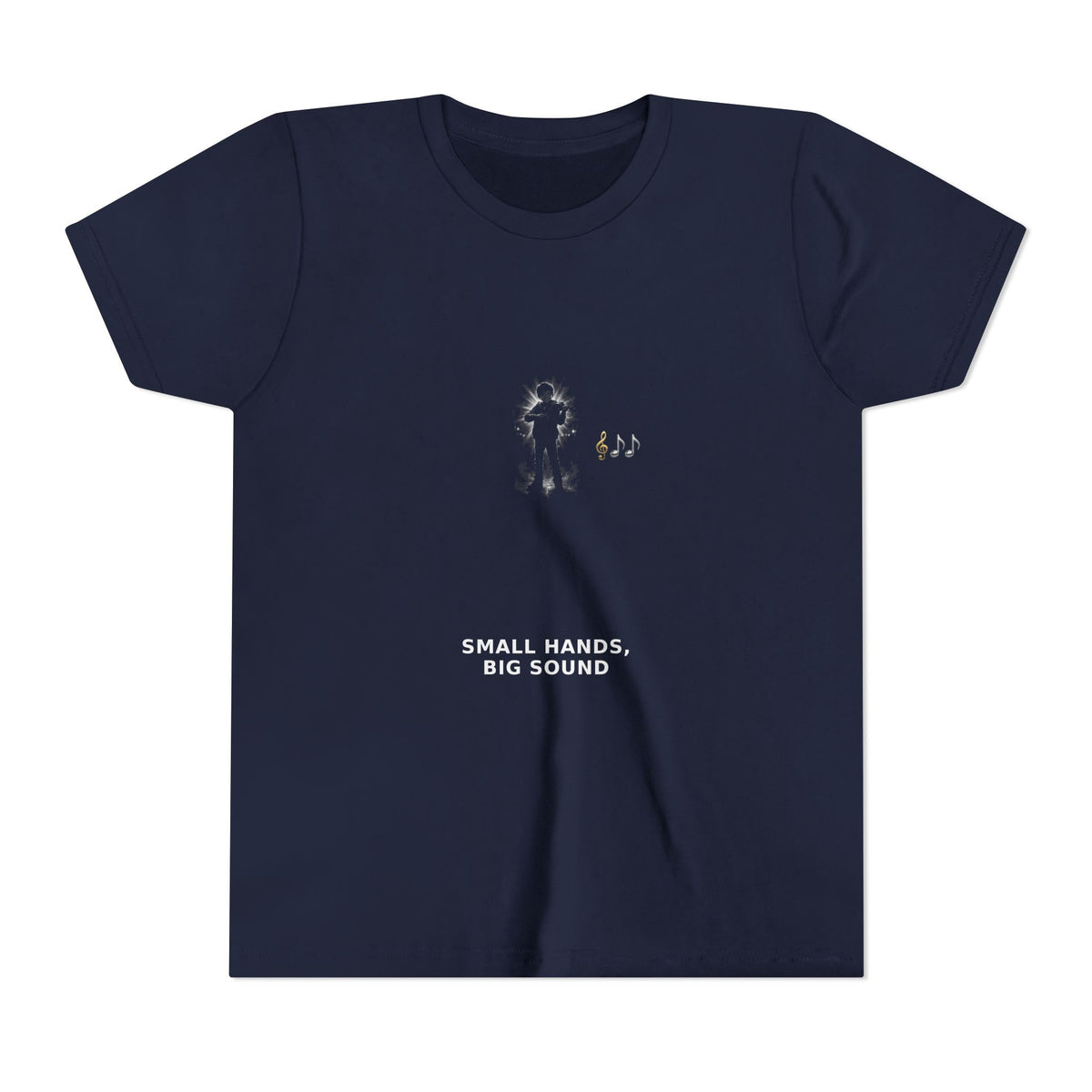 Small Hands, Big Sound — Boy Violin Pre-Teen Musician Tee (White Ink) (Front Print)