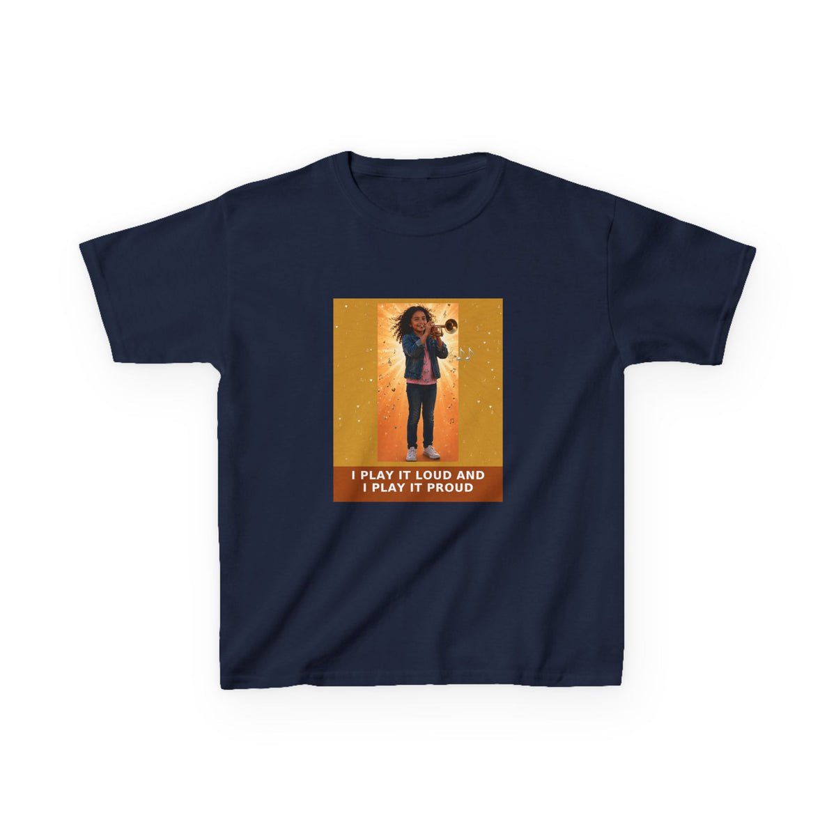 I Play It Loud and I Play It Proud — Latina Girl Trumpet Pre-Teen Musician Tee (Golden Amber) (Budget Edition) (Front Print)