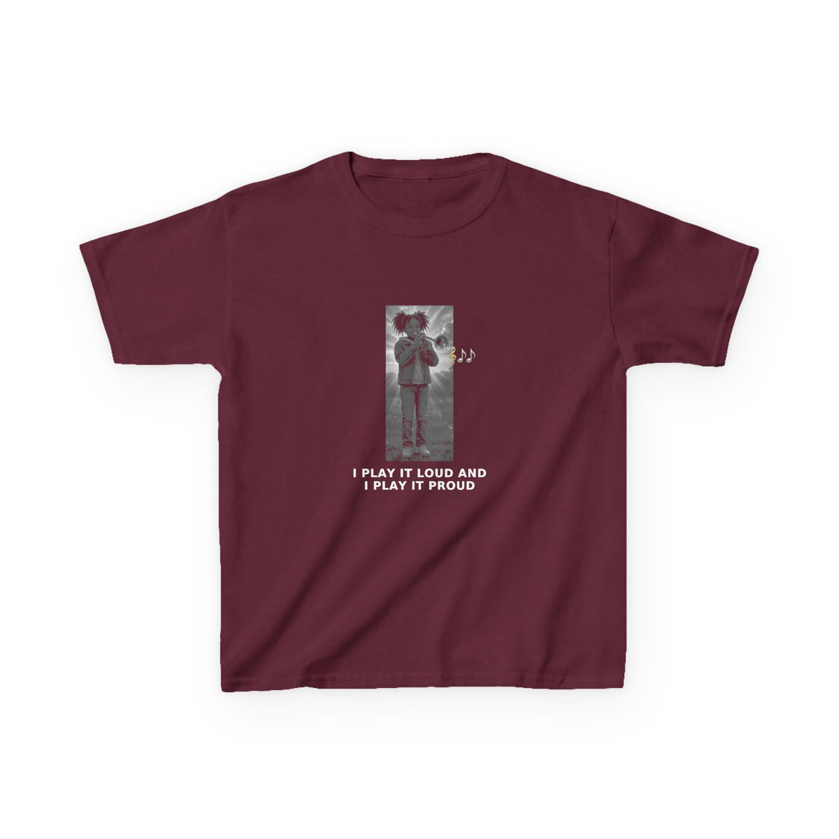 I Play It Loud and I Play It Proud — Black Girl Trumpet Pre-Teen Musician Tee (White Ink) (Budget Edition) (Front Print)