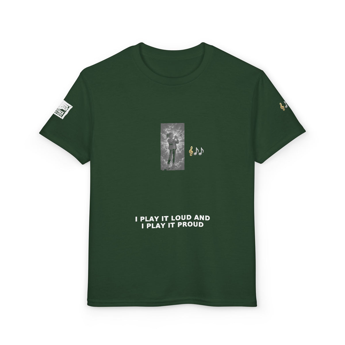 I Play It Loud and I Play It Proud — Girl Trumpet Pre-Teen Musician Tee (White Ink) (Budget Edition)