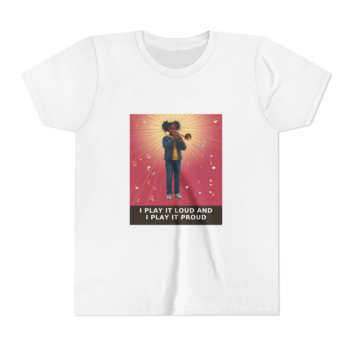 I Play It Loud and I Play It Proud — Black Girl Trumpet Pre-Teen Musician Tee (Rose) (Front Print)