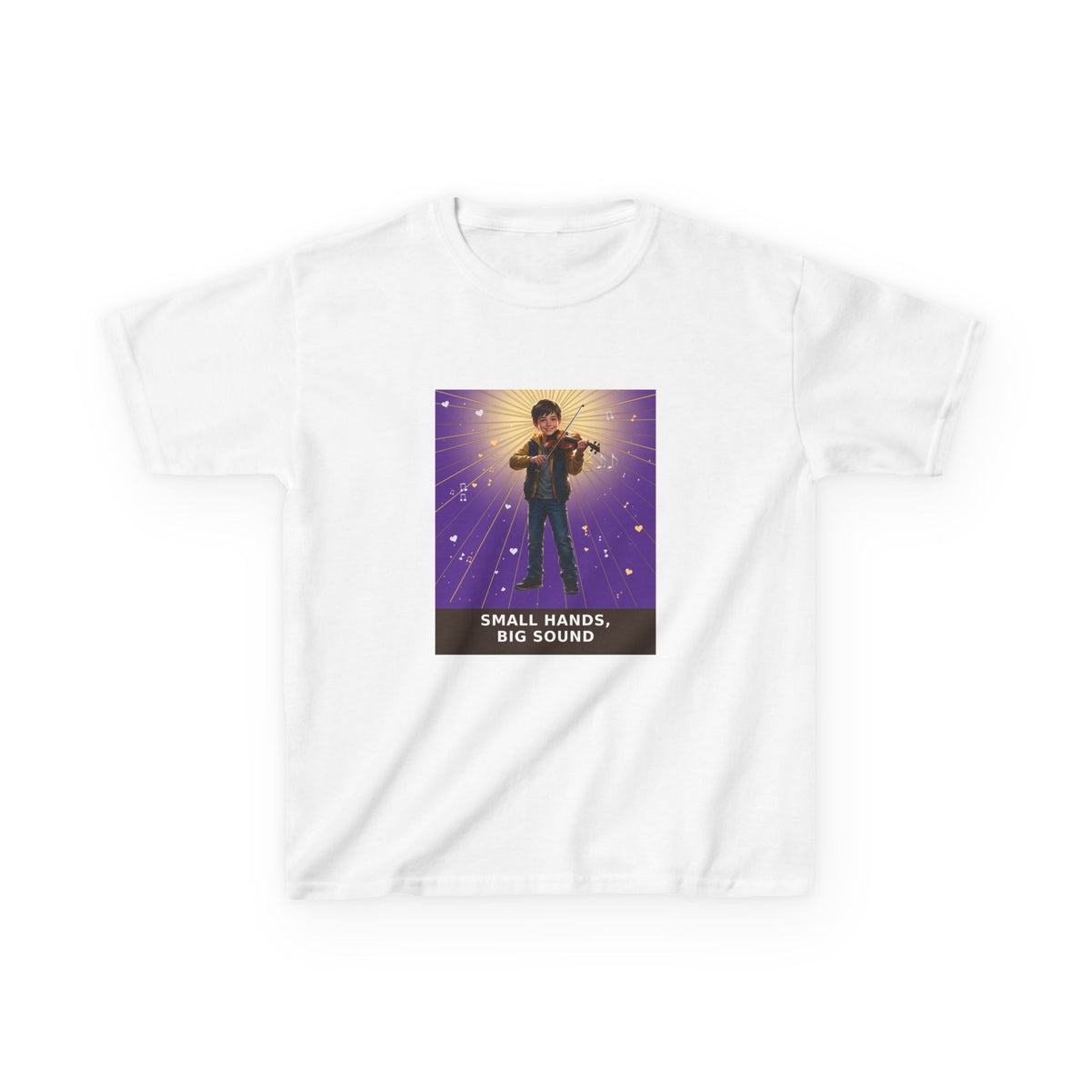 Small Hands, Big Sound — Boy Violin Pre-Teen Musician Tee (Royal Purple) (Budget Edition) (Front Print)