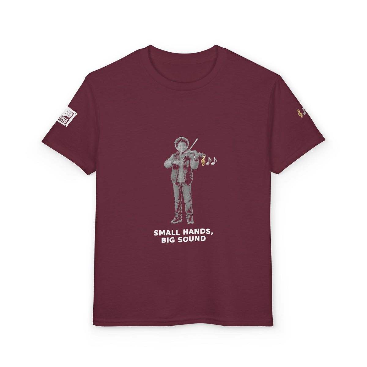 Small Hands, Big Sound — Latino Boy Violin Pre-Teen Musician Tee (White Ink) (Budget Edition)
