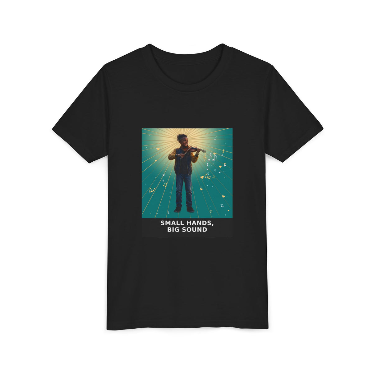 Small Hands, Big Sound — Black Boy Violin Pre-Teen Musician Tee (Teal) (Front Print)
