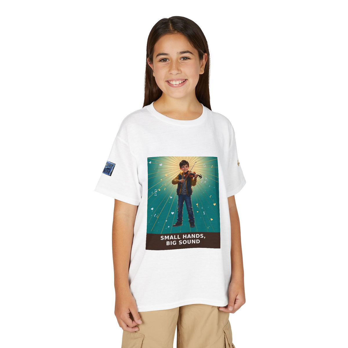 Small Hands, Big Sound — Boy Violin Pre-Teen Musician Tee (Teal) (Budget Edition)