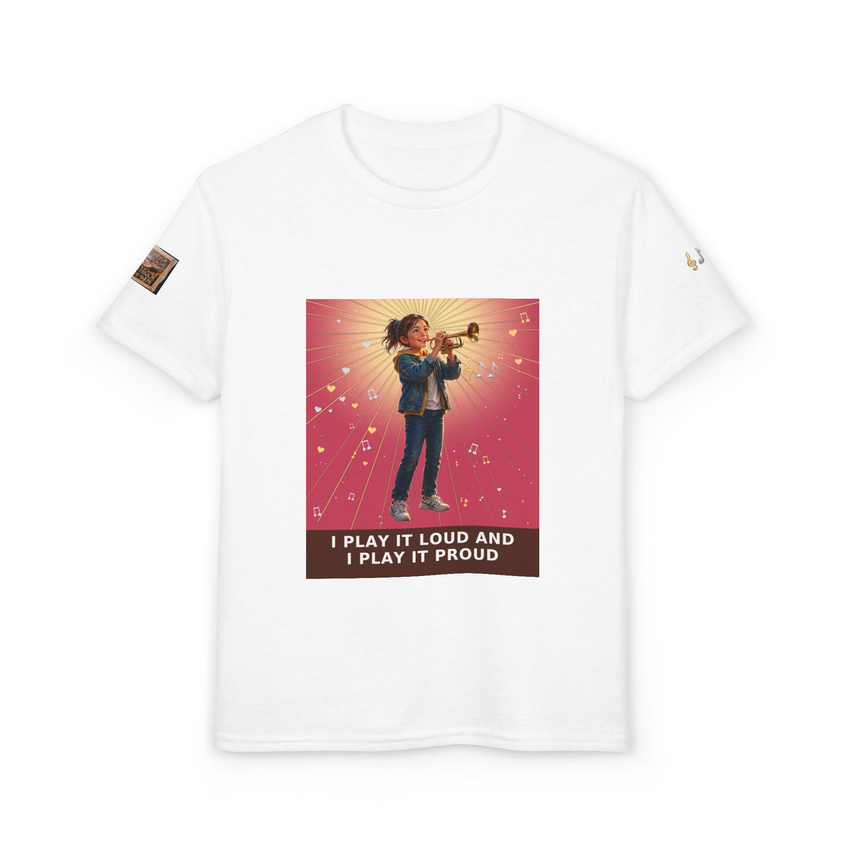 I Play It Loud and I Play It Proud — Girl Trumpet Pre-Teen Musician Tee (Rose)