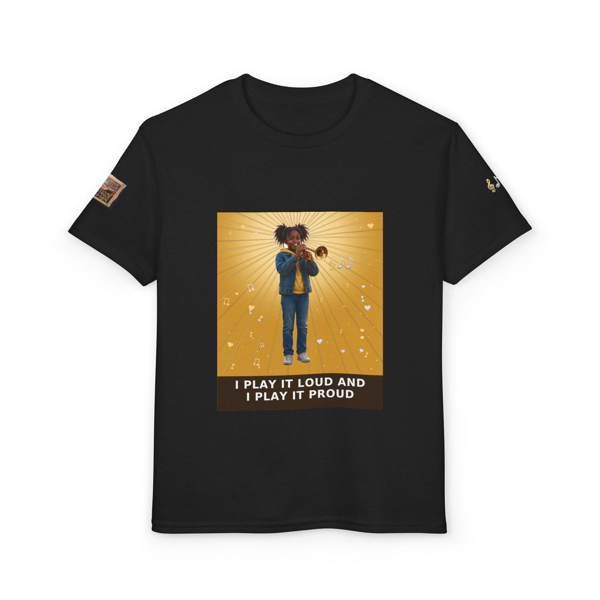 I Play It Loud and I Play It Proud — Black Girl Trumpet Pre-Teen Musician Tee (Golden Amber) (Budget Edition)