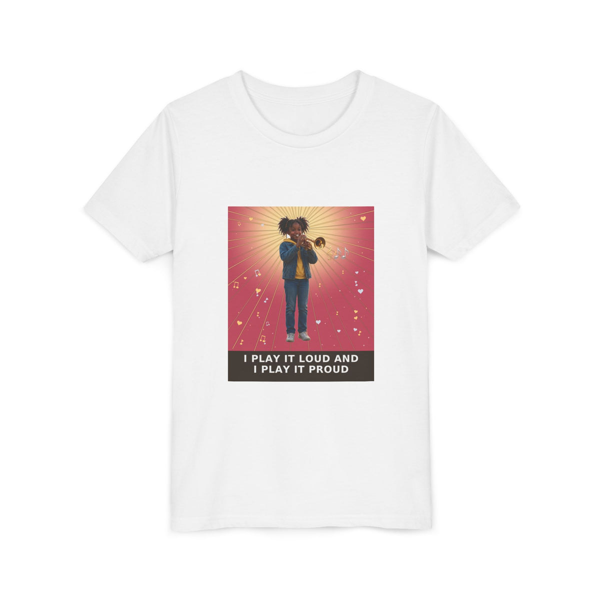 I Play It Loud and I Play It Proud — Black Girl Trumpet Pre-Teen Musician Tee (Rose) (Front Print)