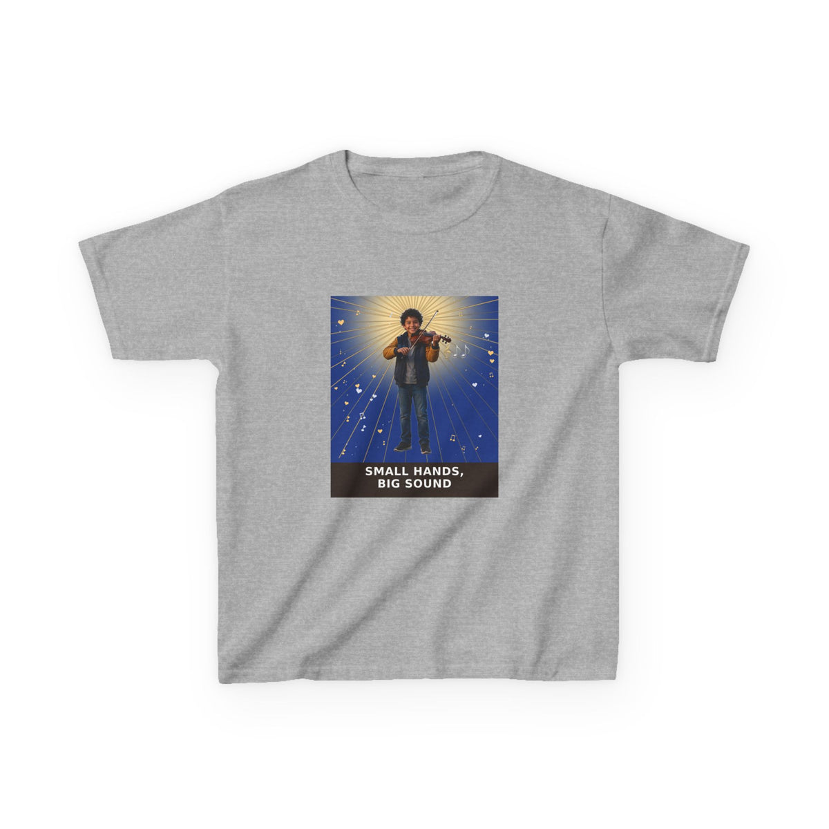 Small Hands, Big Sound — Latino Boy Violin Pre-Teen Musician Tee (Deep Blue) (Budget Edition) (Front Print)