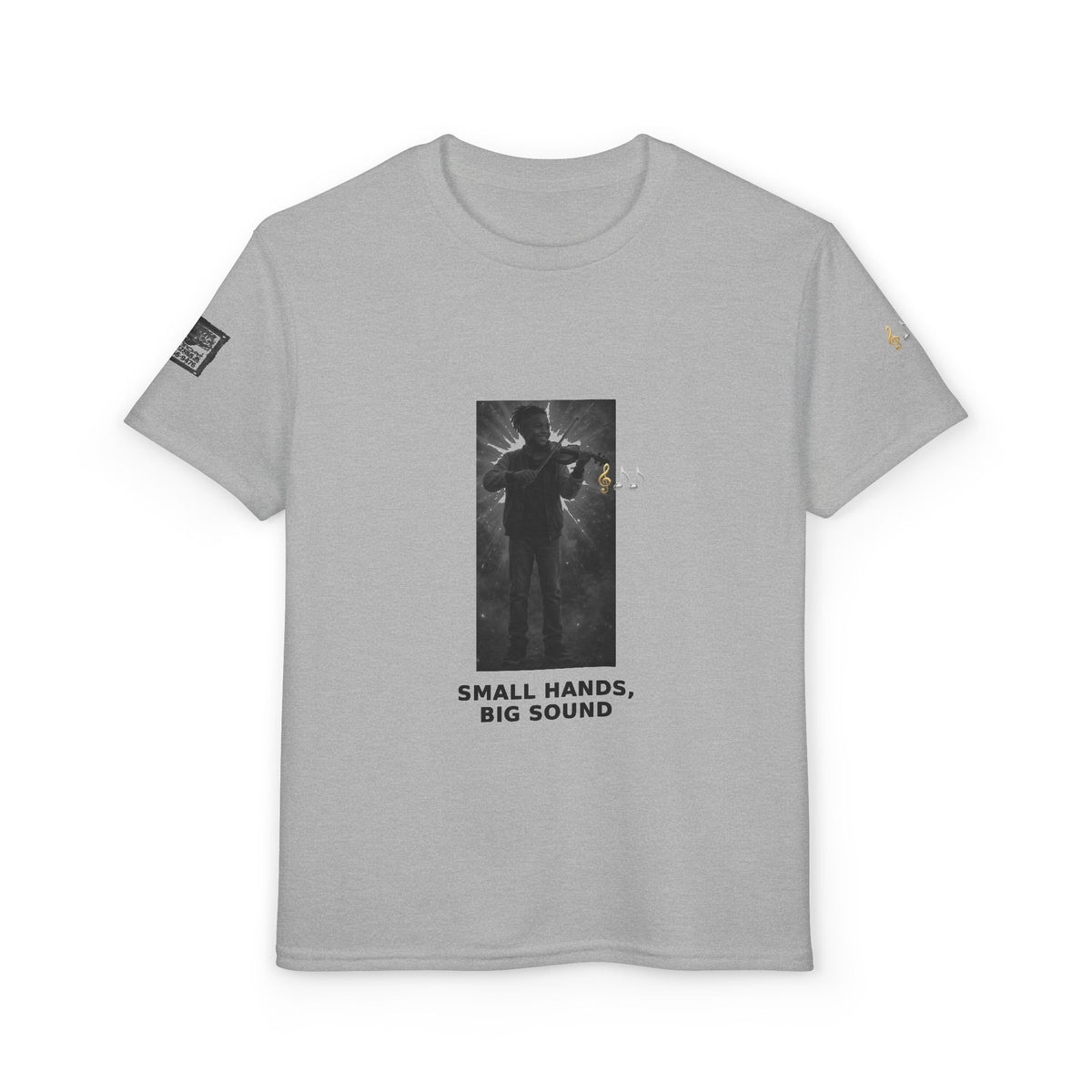Small Hands, Big Sound — Black Boy Violin Pre-Teen Musician Tee (Black Ink)