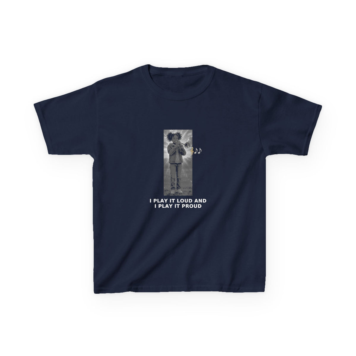 I Play It Loud and I Play It Proud — Black Girl Trumpet Pre-Teen Musician Tee (White Ink) (Budget Edition) (Front Print)