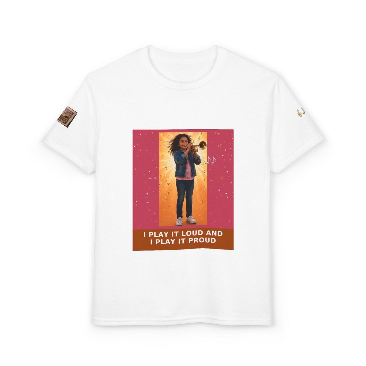 I Play It Loud and I Play It Proud — Latina Girl Trumpet Pre-Teen Musician Tee (Rose)