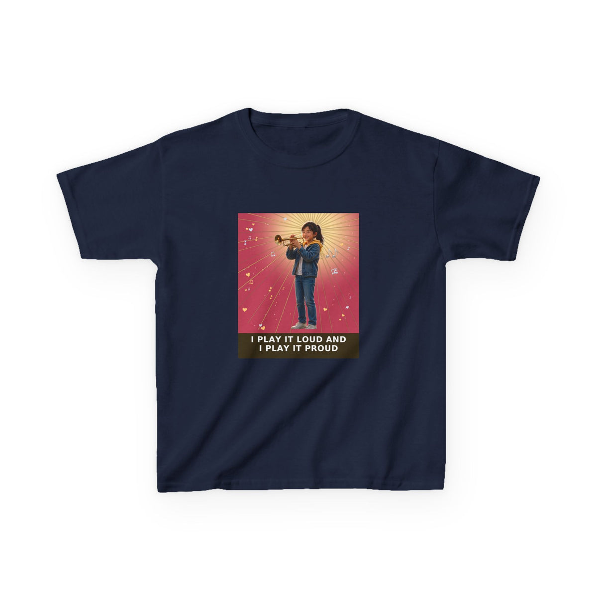 I Play It Loud and I Play It Proud — Asian Girl Trumpet Pre-Teen Musician Tee (Rose) (Budget Edition) (Front Print)