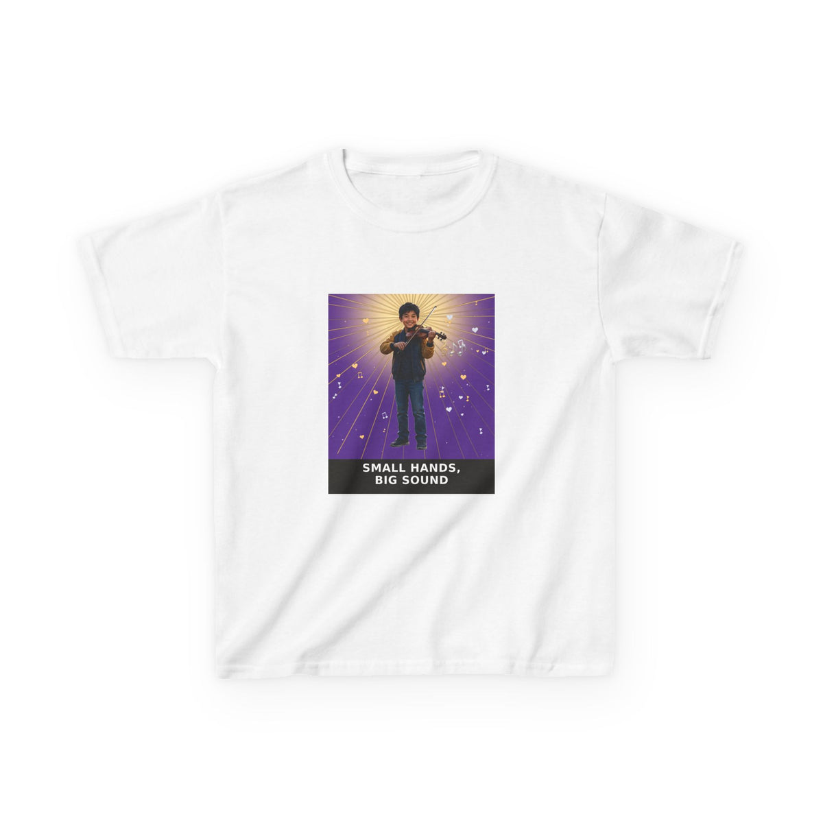 Small Hands, Big Sound — Asian Boy Violin Pre-Teen Musician Tee (Royal Purple) (Budget Edition) (Front Print)