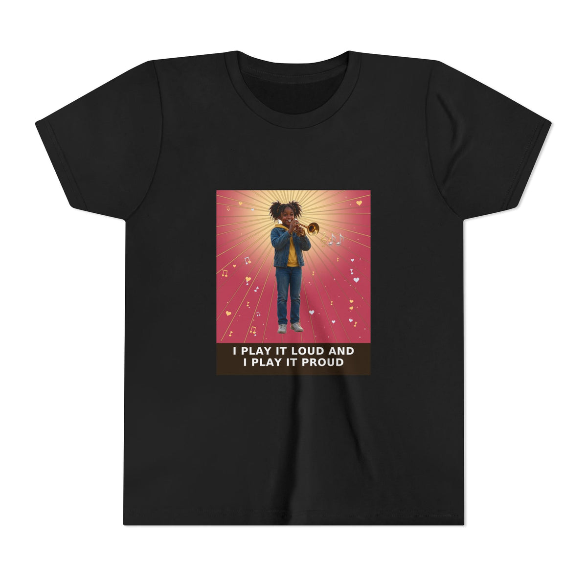 I Play It Loud and I Play It Proud — Black Girl Trumpet Pre-Teen Musician Tee (Rose) (Front Print)