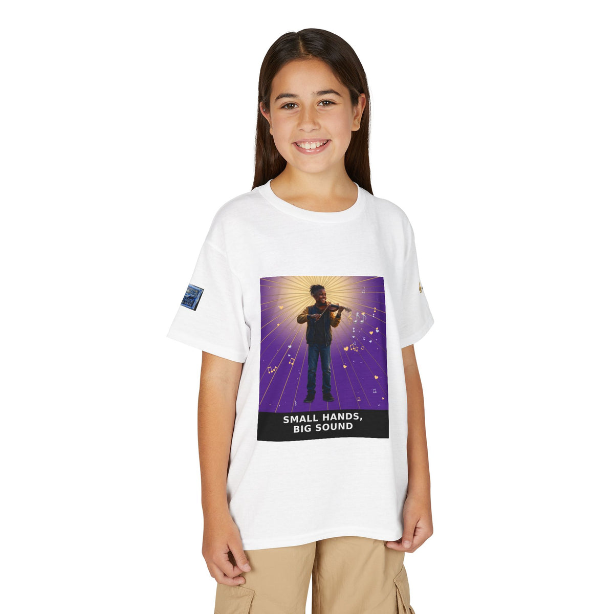 Small Hands, Big Sound — Black Boy Violin Pre-Teen Musician Tee (Royal Purple)