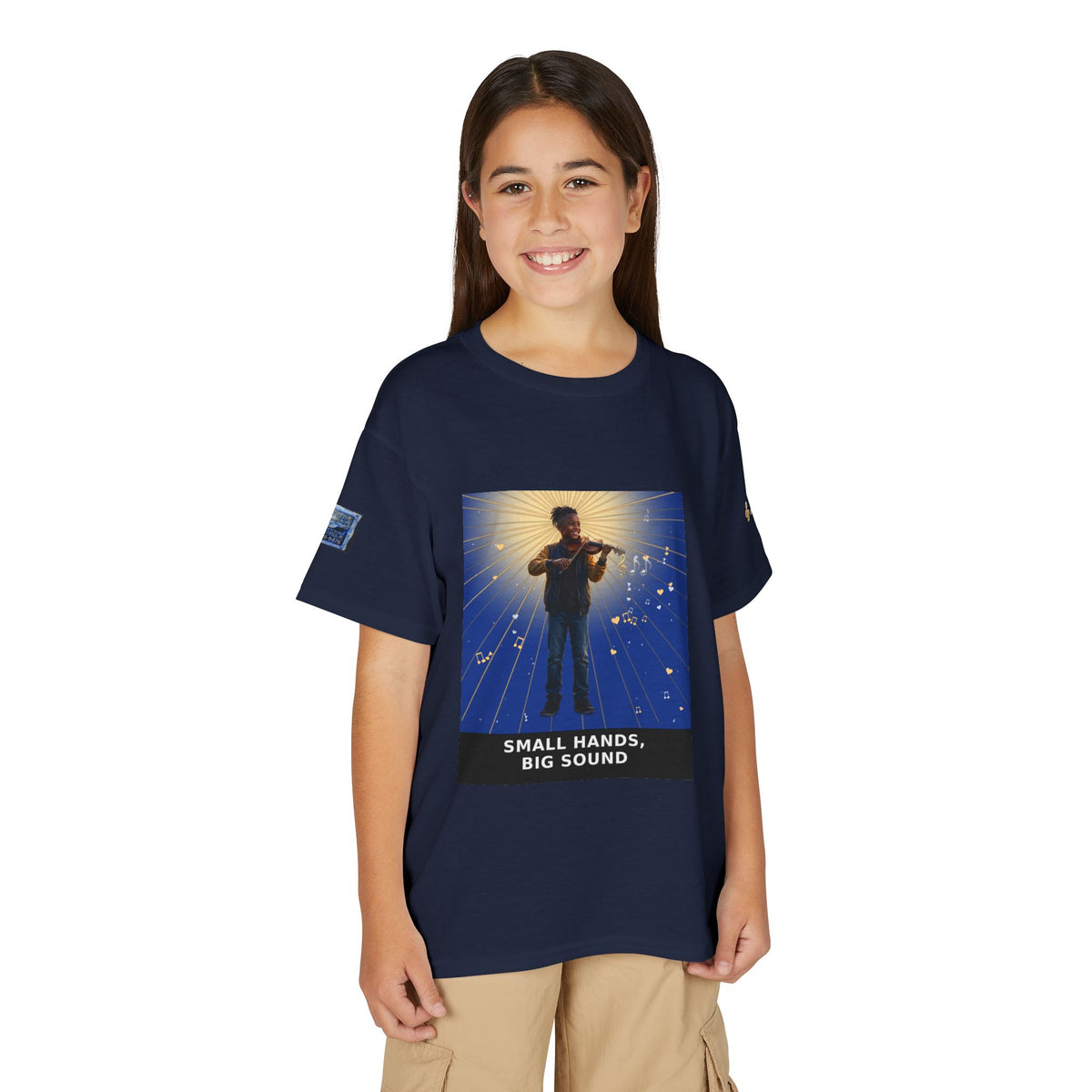 Small Hands, Big Sound — Black Boy Violin Pre-Teen Musician Tee (Deep Blue)