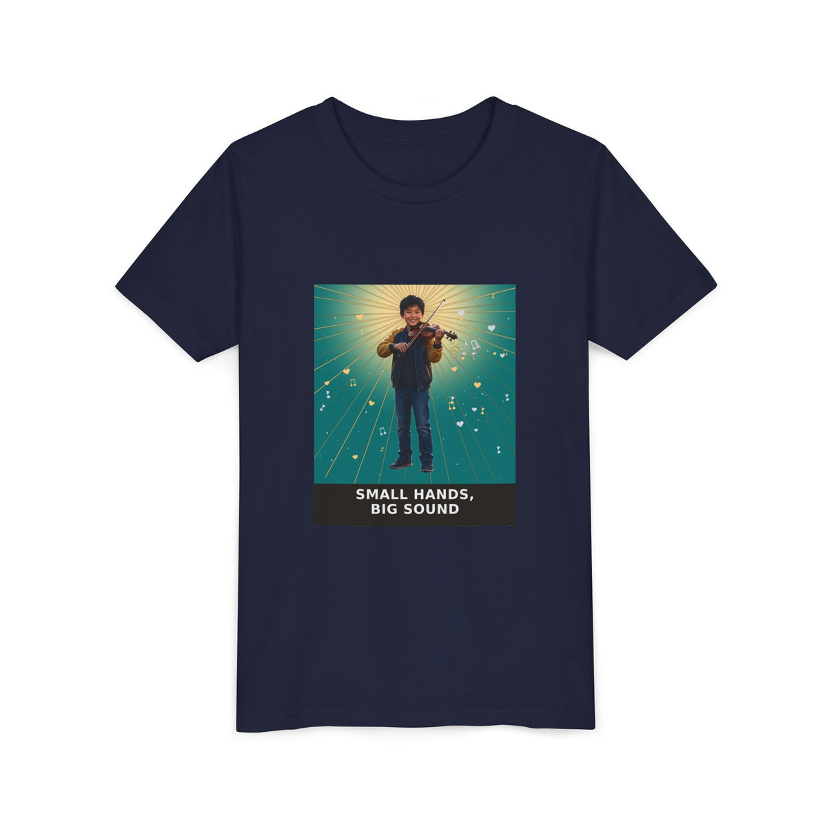 Small Hands, Big Sound — Asian Boy Violin Pre-Teen Musician Tee (Teal) (Front Print)