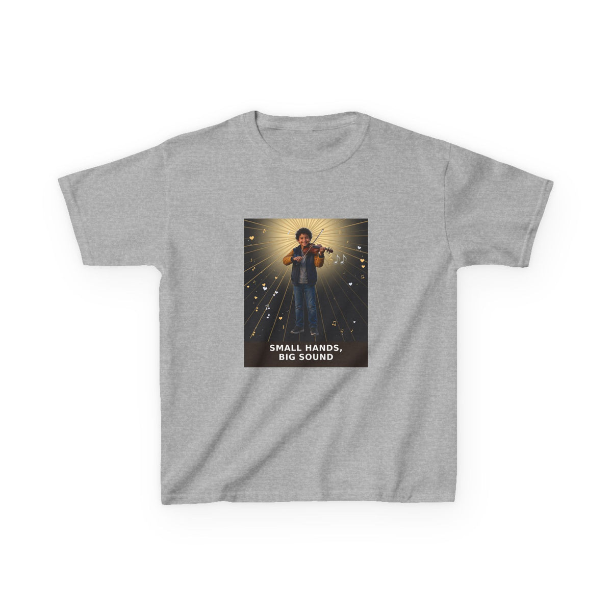 Small Hands, Big Sound — Latino Boy Violin Pre-Teen Musician Tee (Budget Edition) (Front Print)