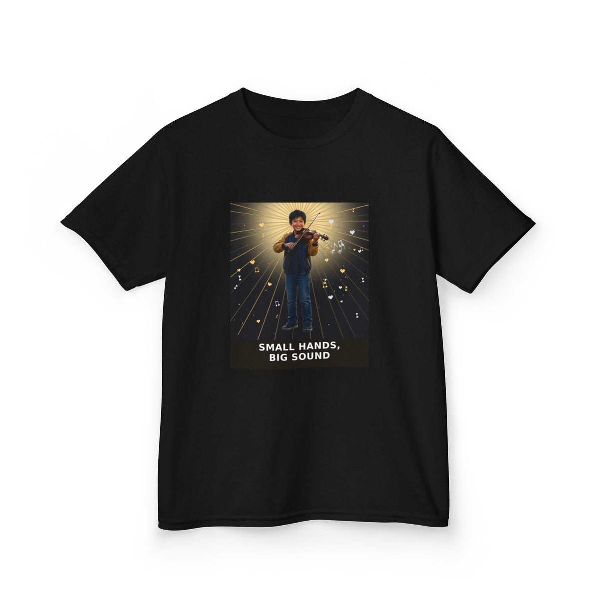 Small Hands, Big Sound — Asian Boy Violin Pre-Teen Musician Tee (Budget Edition) (Front Print)