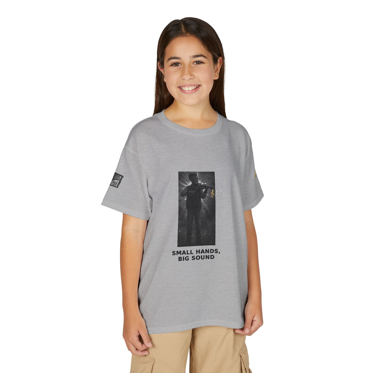 Small Hands, Big Sound — Black Boy Violin Pre-Teen Musician Tee (Black Ink)