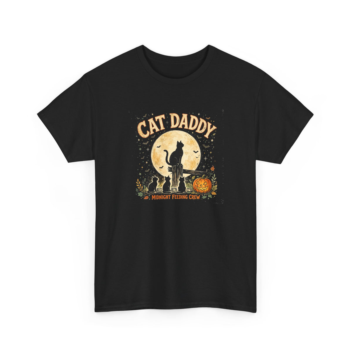 Cat Daddy Halloween T-Shirt - Midnight Feeding Crew Black Cat Full Moon Vintage Tee, Funny Feral Cat Lover Gift - Budget Edition