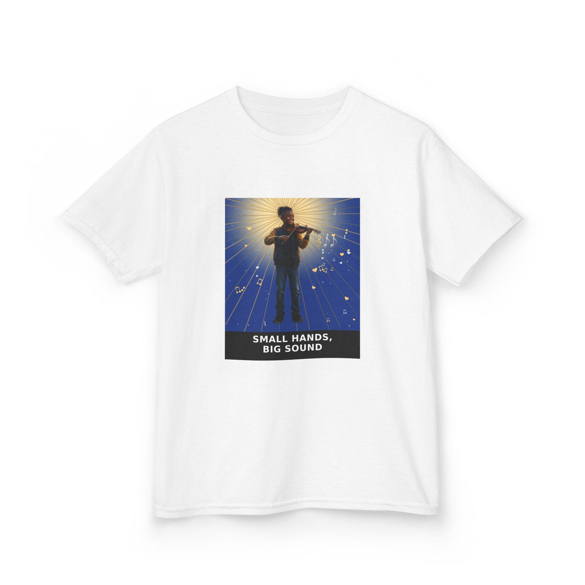 Small Hands, Big Sound — Black Boy Violin Pre-Teen Musician Tee (Deep Blue) (Budget Edition) (Front Print)