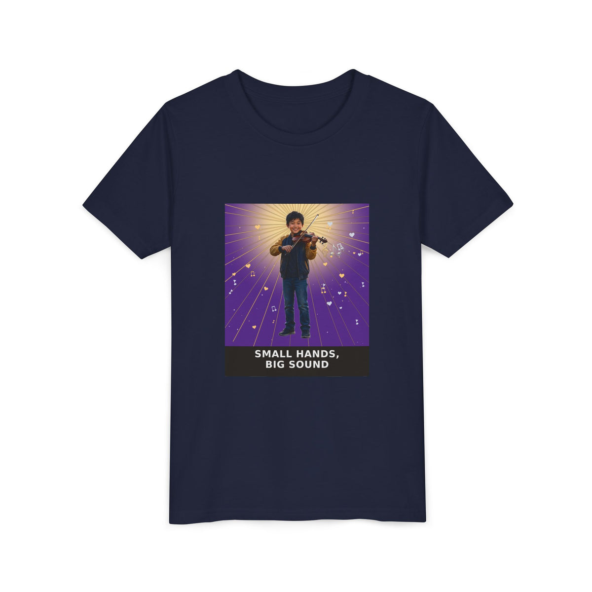 Small Hands, Big Sound — Asian Boy Violin Pre-Teen Musician Tee (Royal Purple) (Front Print)