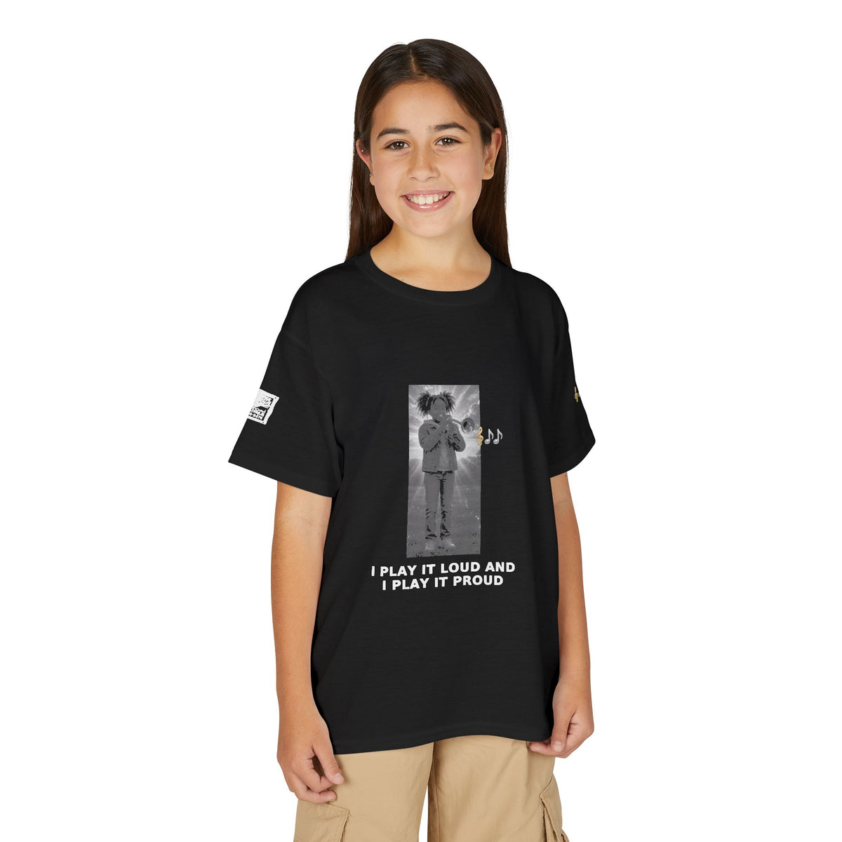 I Play It Loud and I Play It Proud — Black Girl Trumpet Pre-Teen Musician Tee (White Ink)