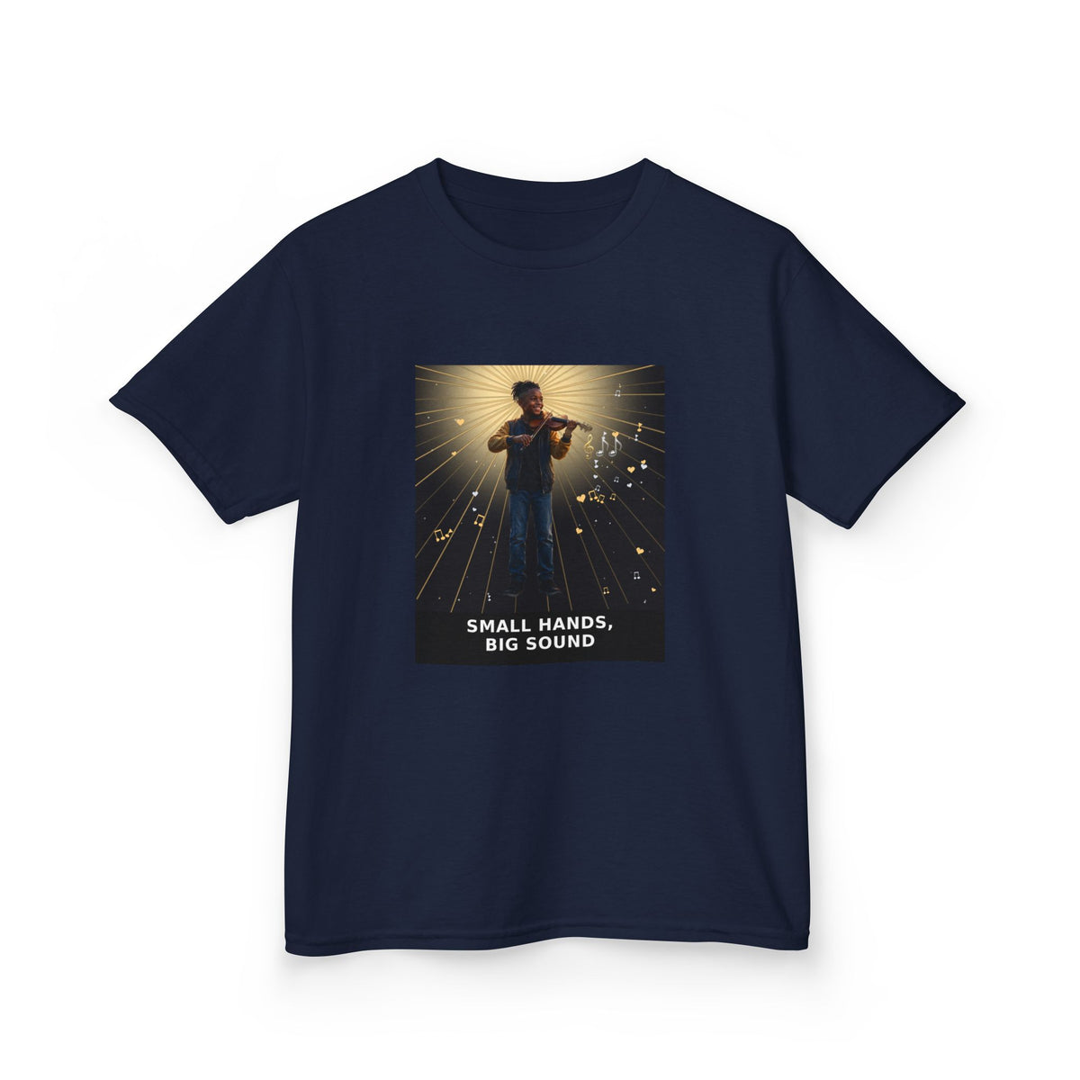 Small Hands, Big Sound — Black Boy Violin Pre-Teen Musician Tee (Budget Edition) (Front Print)