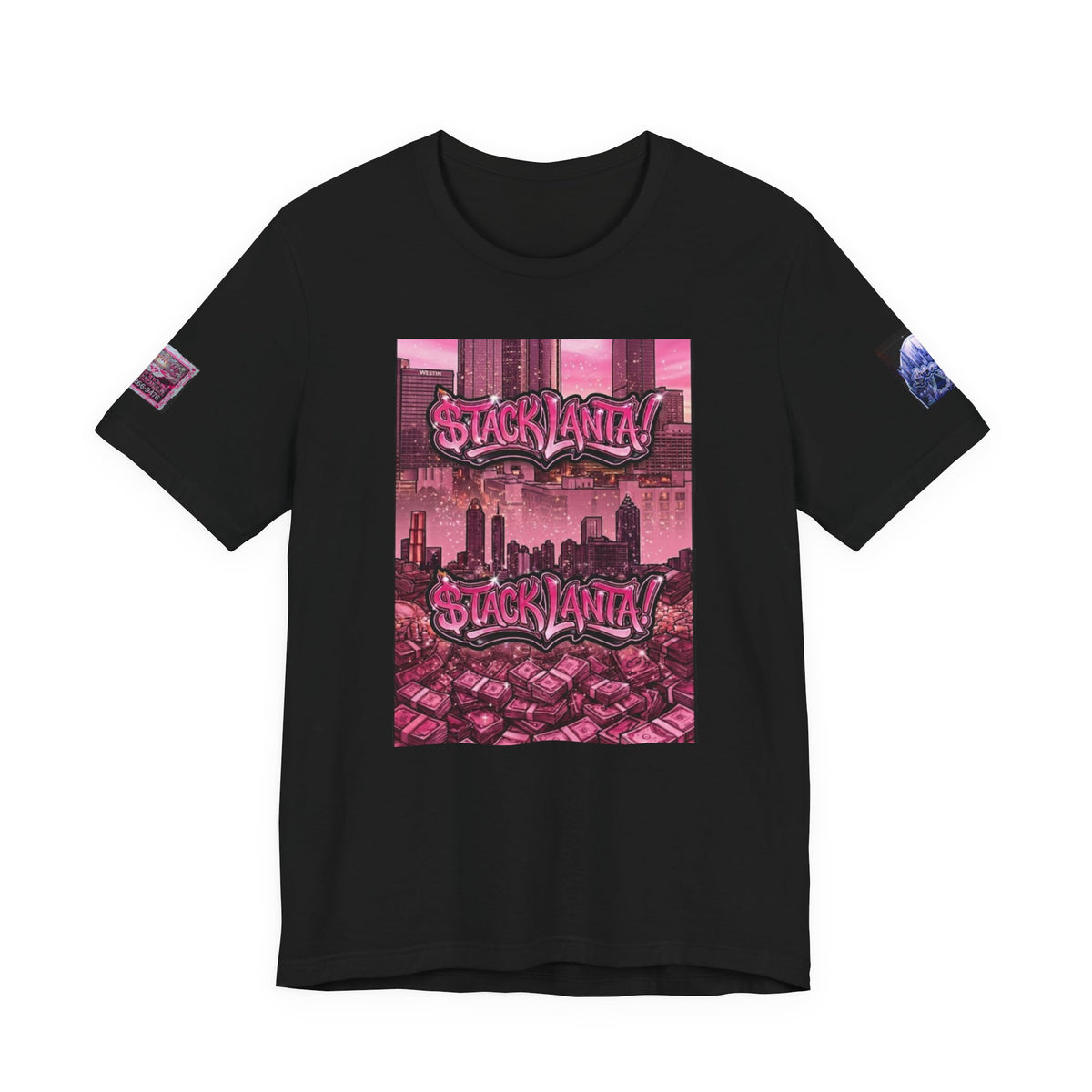 $tacklanta T-Shirt - Pink Atlanta Skyline Money Stacks Graffiti, Blue Arch Sleeve Edition