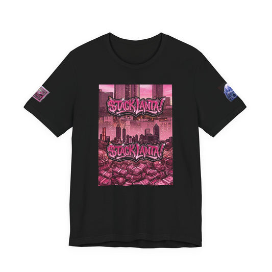 $tacklanta T-Shirt - Pink Atlanta Skyline Money Stacks Graffiti, Blue Arch Sleeve Edition