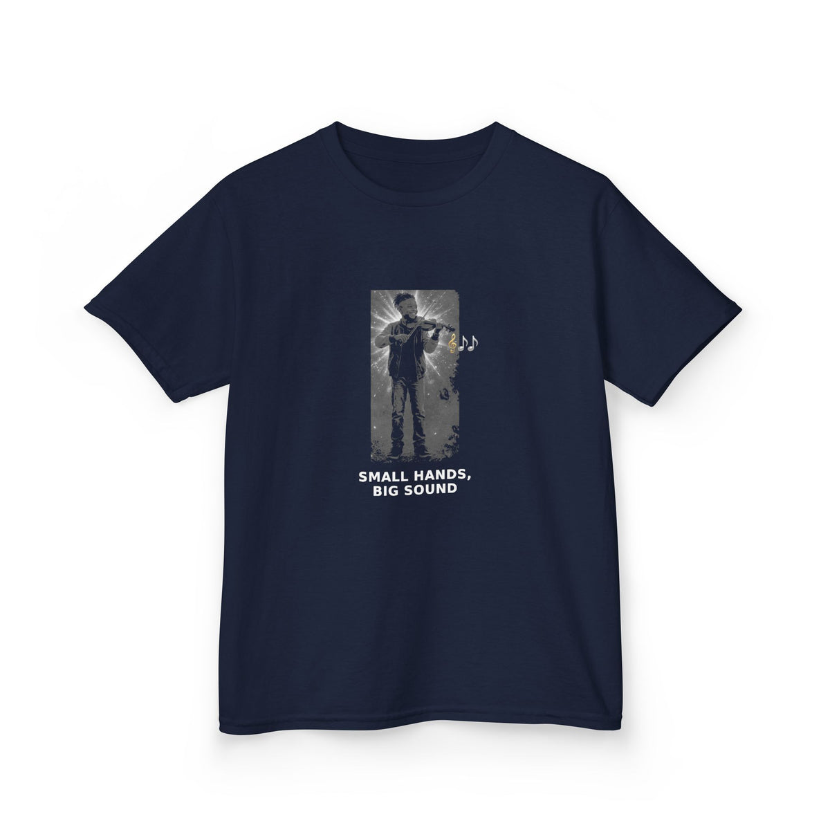 Small Hands, Big Sound — Black Boy Violin Pre-Teen Musician Tee (White Ink) (Budget Edition) (Front Print)