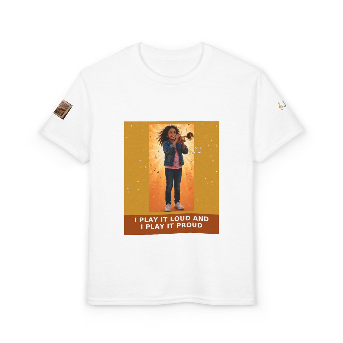 I Play It Loud and I Play It Proud — Latina Girl Trumpet Pre-Teen Musician Tee (Golden Amber) (Budget Edition)