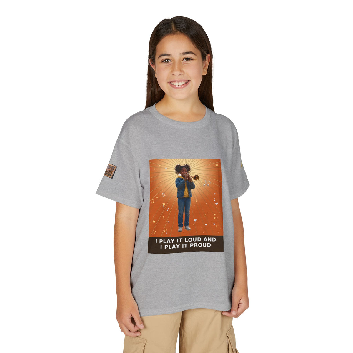 I Play It Loud and I Play It Proud — Black Girl Trumpet Pre-Teen Musician Tee (Sunset Orange) (Budget Edition)