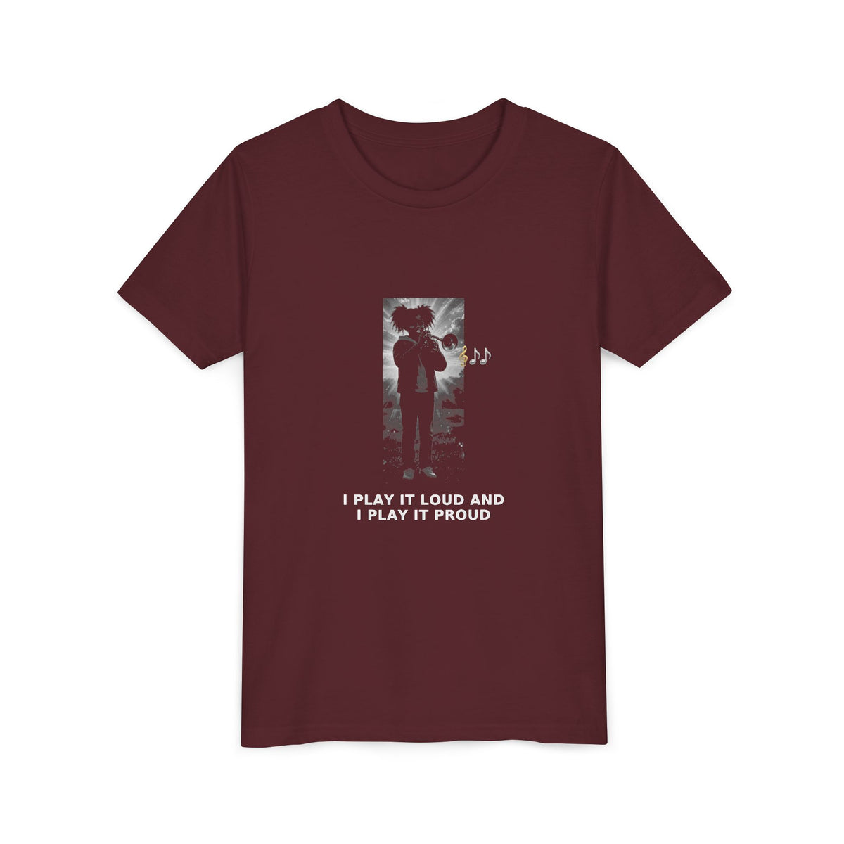 I Play It Loud and I Play It Proud — Black Girl Trumpet Pre-Teen Musician Tee (White Ink) (Front Print)
