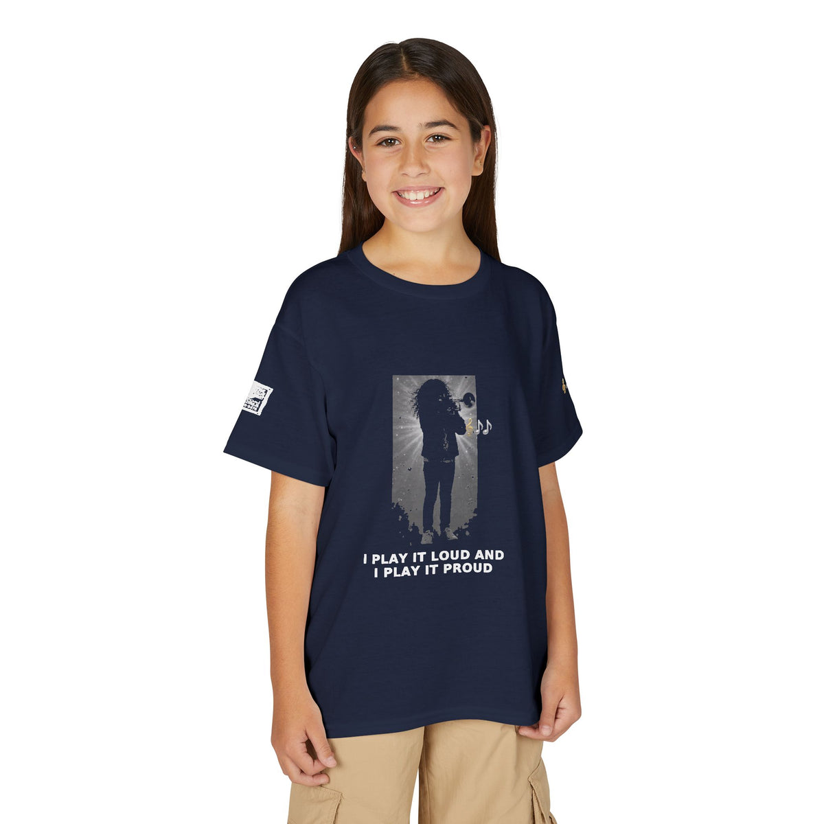 I Play It Loud and I Play It Proud — Latina Girl Trumpet Pre-Teen Musician Tee (White Ink) (Budget Edition)