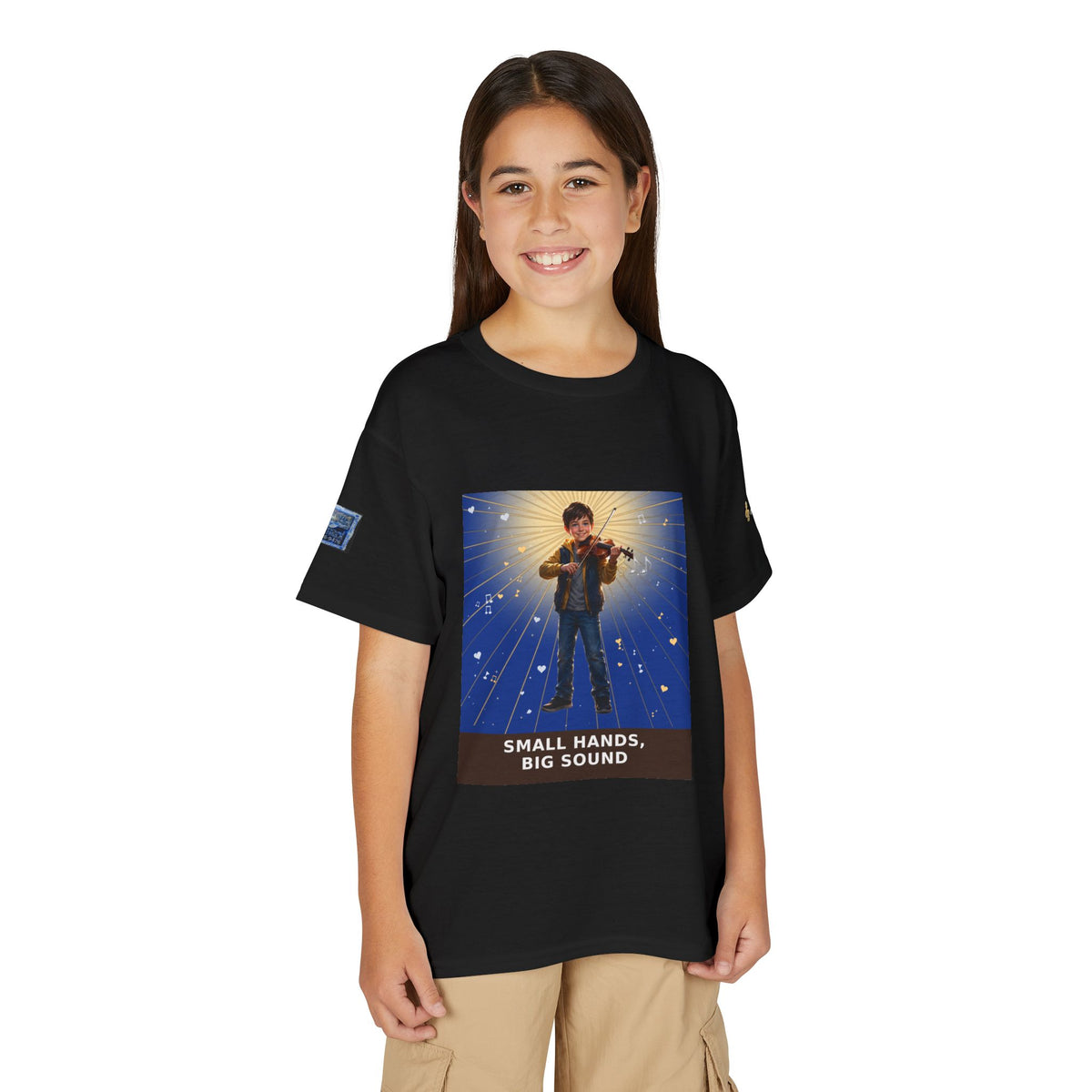 Small Hands, Big Sound — Boy Violin Pre-Teen Musician Tee (Deep Blue)