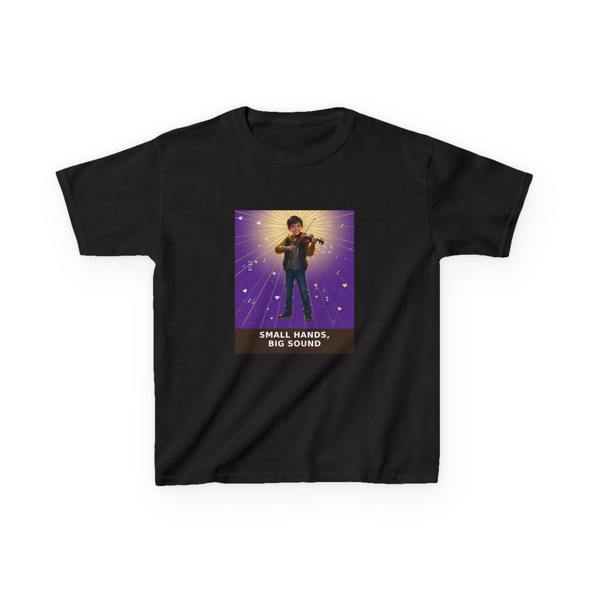 Small Hands, Big Sound — Boy Violin Pre-Teen Musician Tee (Royal Purple) (Budget Edition) (Front Print)