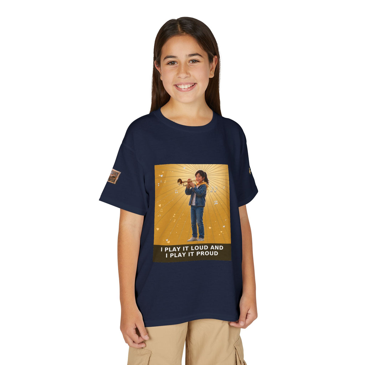 I Play It Loud and I Play It Proud — Asian Girl Trumpet Pre-Teen Musician Tee (Golden Amber)