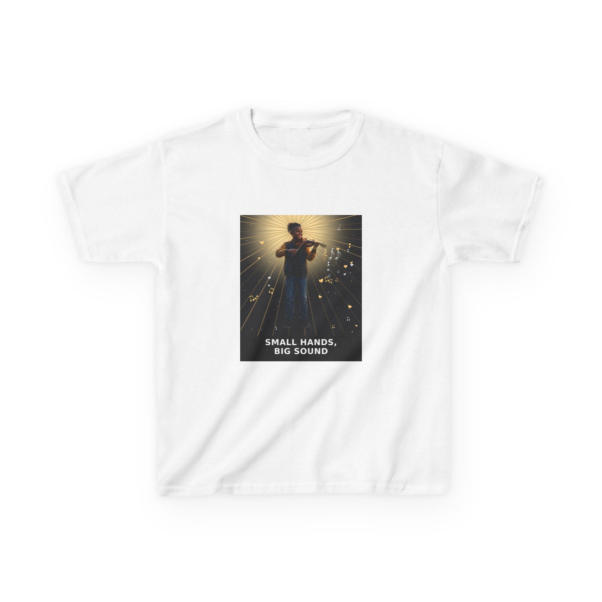 Small Hands, Big Sound — Black Boy Violin Pre-Teen Musician Tee (Budget Edition) (Front Print)