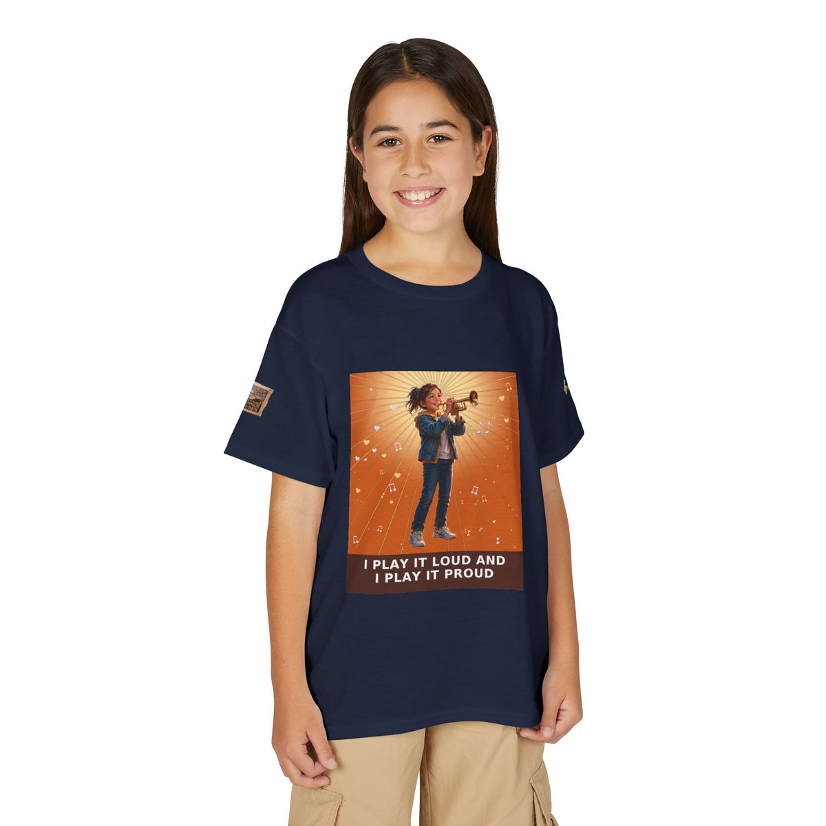 I Play It Loud and I Play It Proud — Girl Trumpet Pre-Teen Musician Tee (Sunset Orange)