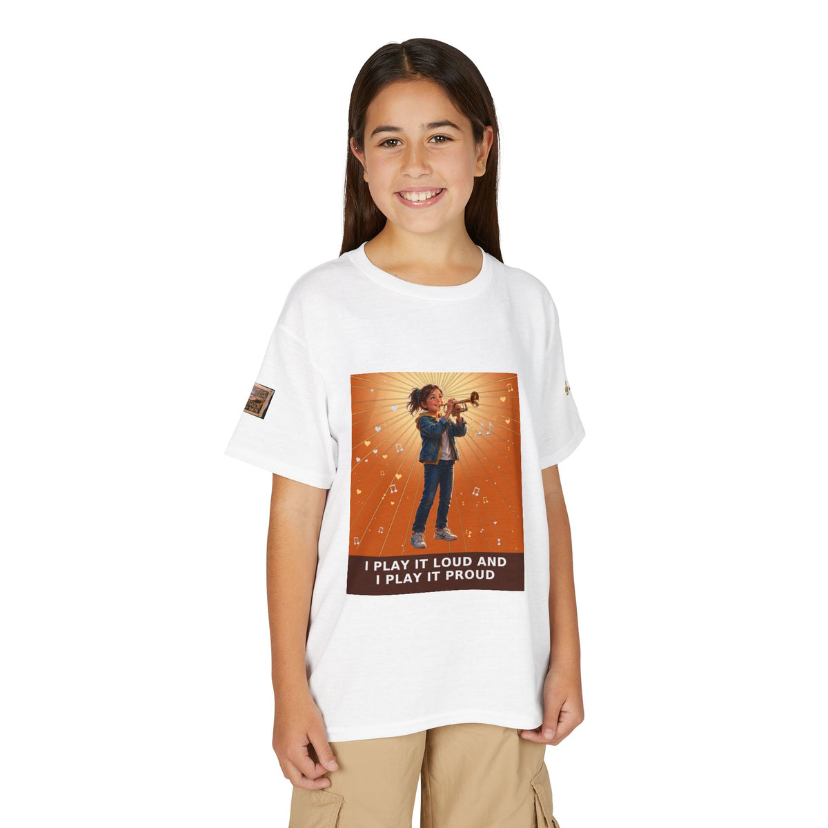 I Play It Loud and I Play It Proud — Girl Trumpet Pre-Teen Musician Tee (Sunset Orange)