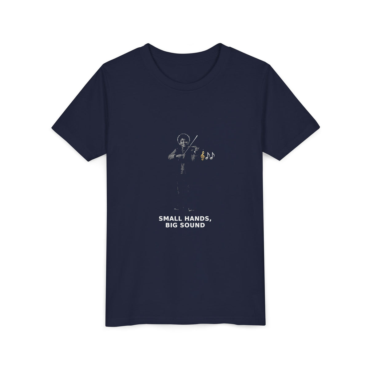 Small Hands, Big Sound — Latino Boy Violin Pre-Teen Musician Tee (White Ink) (Front Print)