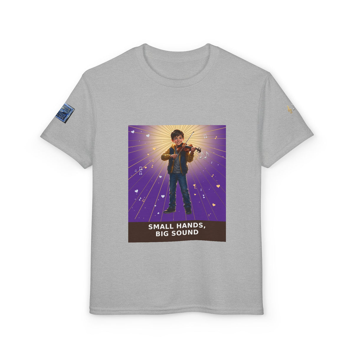 Small Hands, Big Sound — Boy Violin Pre-Teen Musician Tee (Royal Purple)