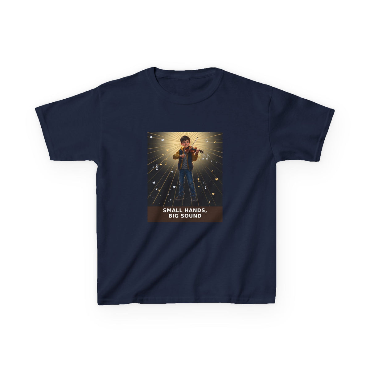Small Hands, Big Sound — Boy Violin Pre-Teen Musician Tee (Budget Edition) (Front Print)